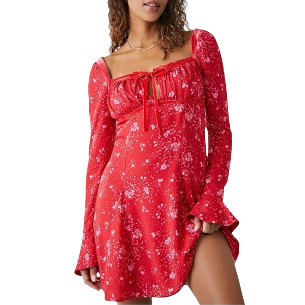 New Free People Tess Mini Dress Red and Pink Floral Long Sleeve Medium